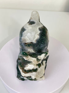 Moss Agate Crystal Cat Carving Large S068